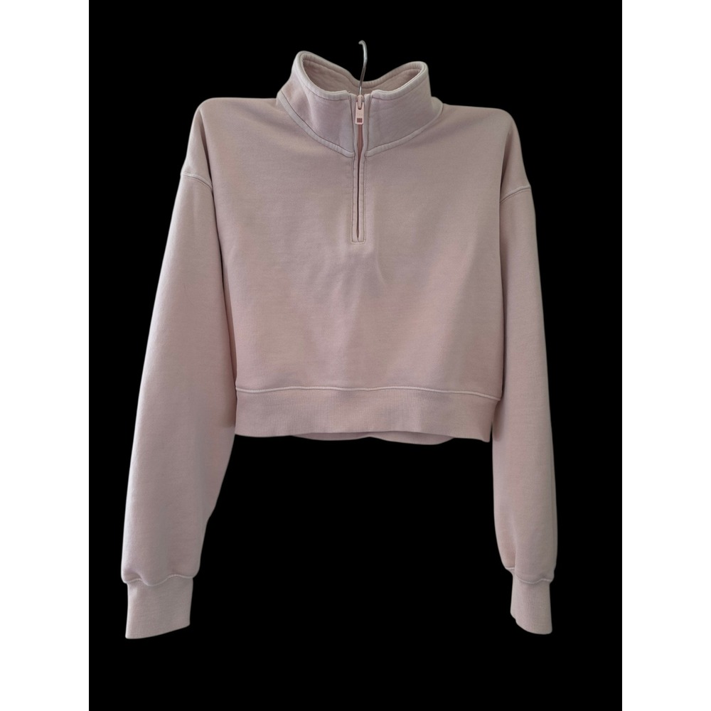 TNA Aritzia Petal Cream Pink Cropped Cozy‎ Fleece 1/3 zip Sweatshirt sz L